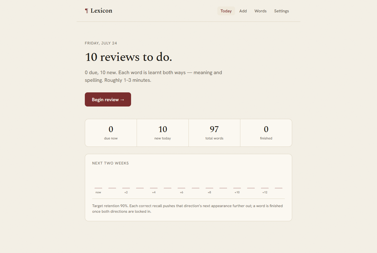 Screenshot of the Lexicon vocabulary review app